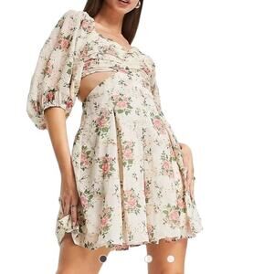 NEW ASOS DESIGN Puff Sleeve Cutout Mini Dress in Rose Print Broderie SZ 4